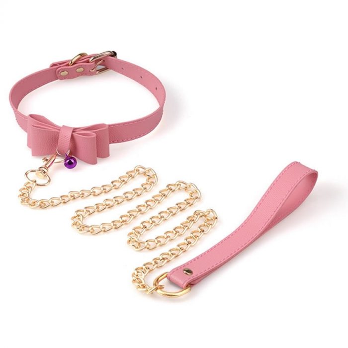Choker ovratnica s povodcem z metuljckom in zvonckom roza_1 Ovratnica s povodcem Bowtie Bell