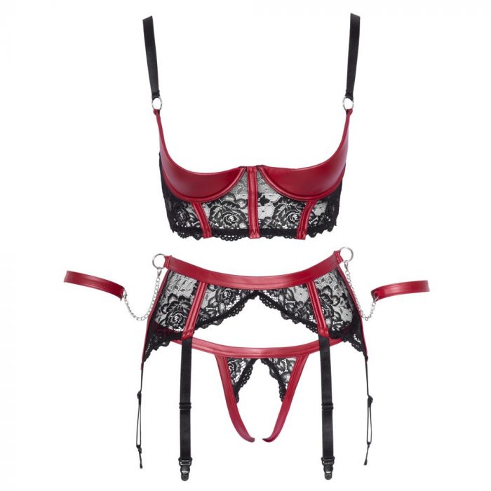 Tridelni set zenskega perila wetlook cipka rdece crn Cottelli bondage 4