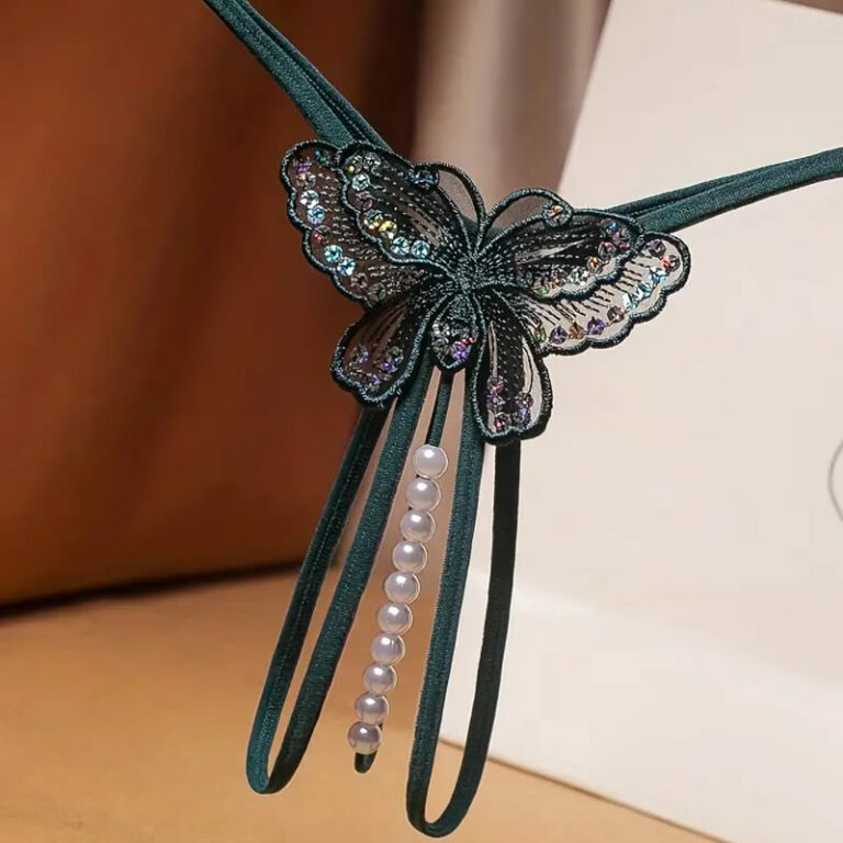 Butterfly-string-chrotcless-with-pearls_green Hlačke z razporkom & perlami in metuljem