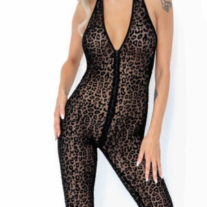 Noir Leopard flock catsuit z zadrgo