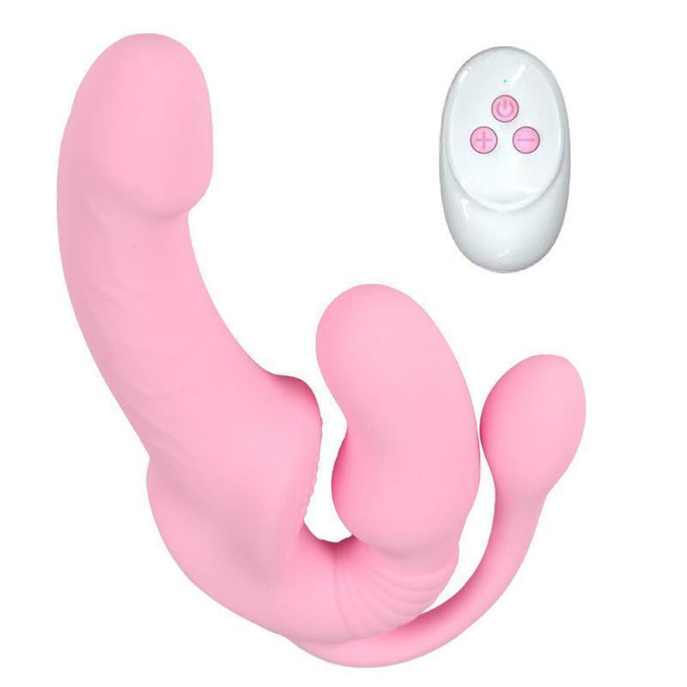 Lolita-erotic-shop-Strapless-strap-on-triple-pink-1 Trojni strap on vibrator z daljincem
