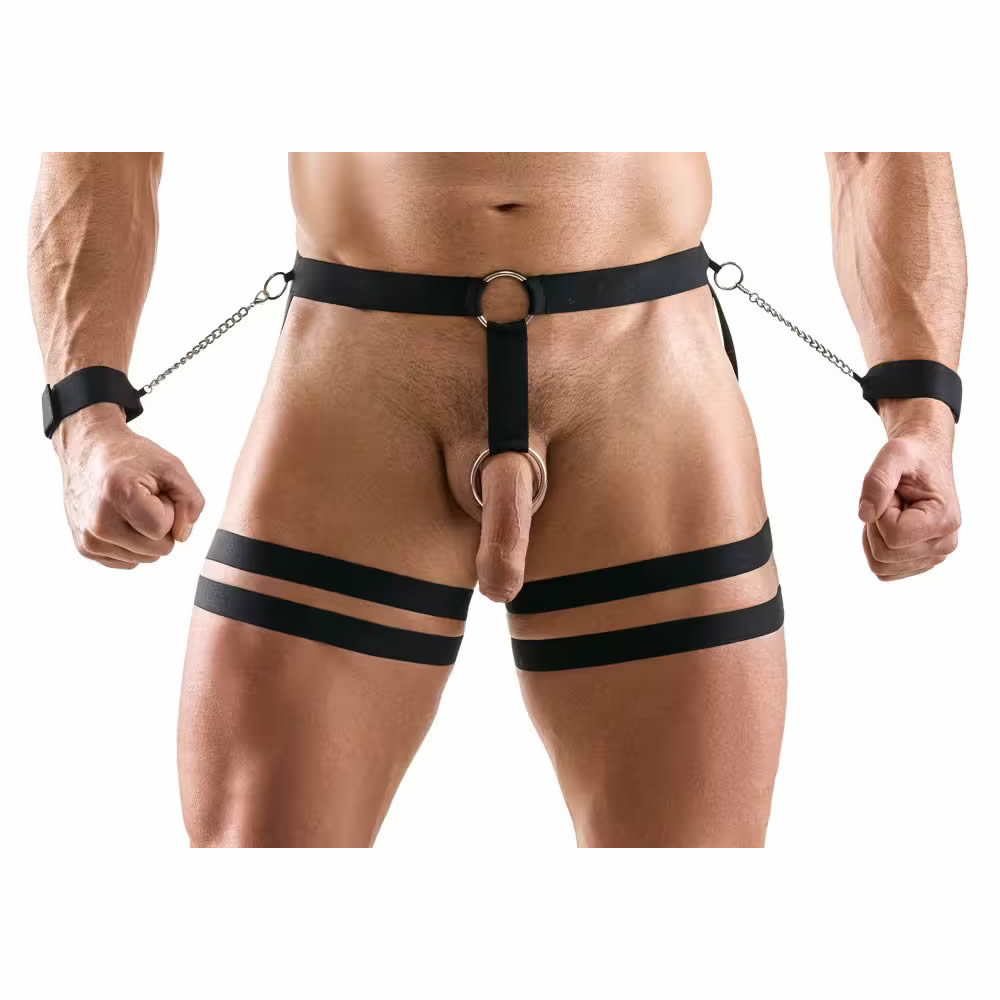 Lolita-LifeStyle-Svenjoyment-men-harness-slip-with-handcuffs-1 Moške Harness hlačke z lisicami Svenjoyment